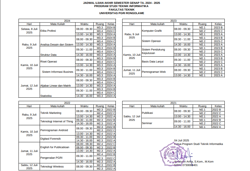 Jadwal UAS Semester Genap TA 2024-2025